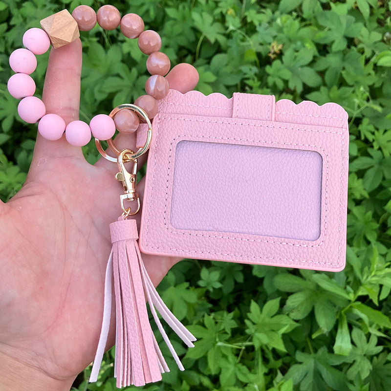Wholesale Card Holder Pu Tassel Beads Bracelet Wallet Keychain